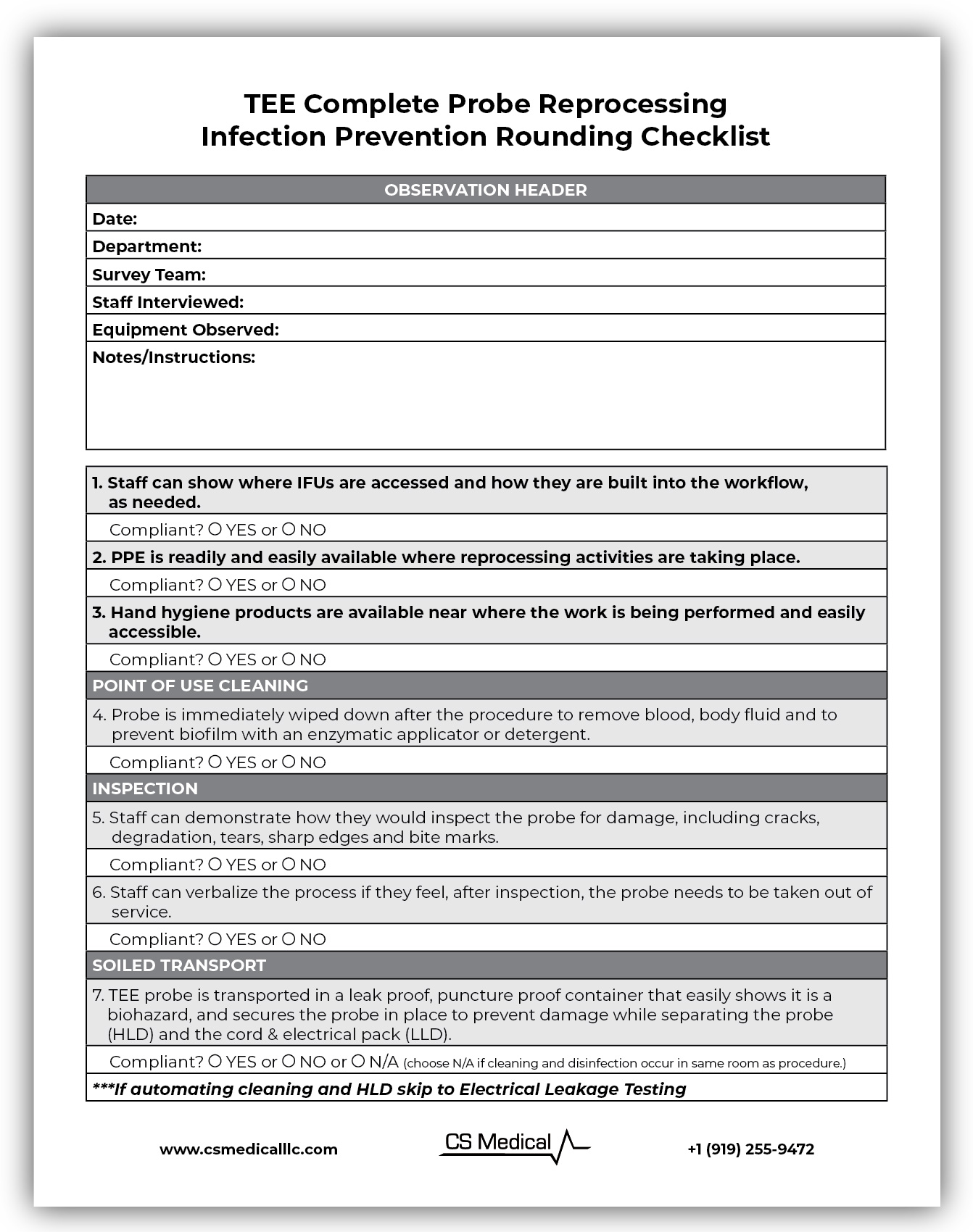 TEE Complete Probe Reprocessing Infection Prevention Rounding Checklist